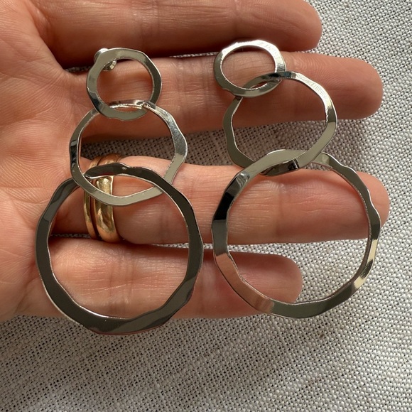 Silver Three Circle Glossy Dangle Earrings - Picture 3 of 4